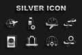 Set Conveyor belt with suitcase, Plane, Airplane search, Globe flying, Passport, and No water bottle icon. Vector