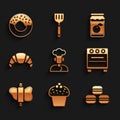 Set Cook, Cake, Macaron cookie, Oven, Rolling pin dough, Croissant, Jam jar and Donut icon. Vector Royalty Free Stock Photo