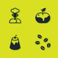 Set Cook, Coffee beans, Pudding custard and Apple caramel icon. Vector