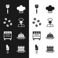 Set Cook, Coffee beans, Spatula, Chef hat, Oven, Pudding custard, Cake and Ice cream icon. Vector