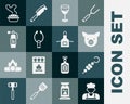 Set Cook, Grilled shish kebab, Pig, Wine glass, Meat tongs, Fire extinguisher, Homemade pie and Kitchen apron icon Royalty Free Stock Photo