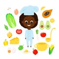 Set cook, vegetables, fruits and ingredients. African or African American girl and avocado, champignon, egg.