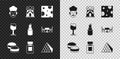 Set Cook, Windmill, Cheese, Macaron cookie, Perfume, Louvre glass pyramid, Wine and Lipstick icon. Vector