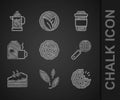 Set Cookie or biscuit, Tea leaf, strainer with handle, Piece of cake, Cup tea milk, and French press icon. Vector Royalty Free Stock Photo