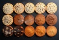 Set of cookies, different type of round biscuits top view