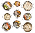 Set of cooking broth in steel stewpot isolated Royalty Free Stock Photo