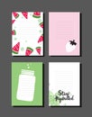 Set of cooking notes with hand drawn illustration of fruits and glass. Watermelon, strawberry.