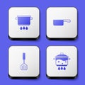 Set Cooking pot on fire, Frying pan, Spatula and icon. White square button. Vector Royalty Free Stock Photo