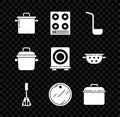 Set Cooking pot, Gas stove, Kitchen ladle, Spatula, Cutting board, and Electric icon. Vector Royalty Free Stock Photo