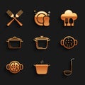 Set Cooking pot, Kitchen ladle, soup, Chef hat with fork and spoon and Crossed icon. Vector