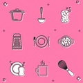 Set Cooking pot, Kitchen ladle, Sponge with bubbles, Grater, Plate, fork and knife, soup, Washing dishes and Coffee cup