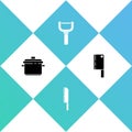 Set Cooking pot, Knife, Peeler and Meat chopper icon. Vector Royalty Free Stock Photo