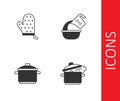 Set Cooking pot, Oven glove, and Measuring cup and bowl icon. Vector