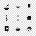 Set Cooking pot, Spatula, Meat chopper, whisk with bowl, Kitchen colander and icon. Vector Royalty Free Stock Photo