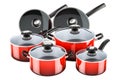 Set of cooking red kitchen utensils and cookware. Pots and pans, 3D rendering