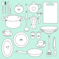 Set of cookware and kitchen accessories. Hand drawn dishes in funny cartoon style. Doodles. Vector illustration Royalty Free Stock Photo