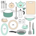 Set of cookware and kitchen accessories. Hand drawn isolated dishes in funny cartoon style. Doodles. Vector illustration Royalty Free Stock Photo