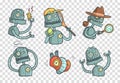 Set with metal robot with different emotions. Cartoon mechanical android in outline style with colorful fill. Vector for