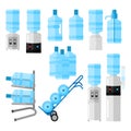 Set cooler for water on white backdrop. Cooler and bottle office, water delivery service, delivery cart with bottles in style flat Royalty Free Stock Photo