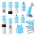 Set cooler for water on white backdrop. Cooler and bottle office, water delivery service, delivery cart with bottles in style flat Royalty Free Stock Photo
