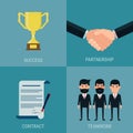 Set of cooperate business success concept. Trophy ,handshake, contract, teamwork.