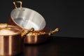 Set of copper cookware over dark background Royalty Free Stock Photo