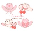 set of Coquette Cowgirl Hats with pink Ribbon Bow and cherries Hand Drawn Doodle illustration Royalty Free Stock Photo