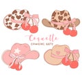 set of Coquette Cowgirl Hats with pink Ribbon Bow and cherries Hand Drawn Doodle illustration Royalty Free Stock Photo