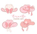 set of Coquette Cowgirl Hats with pink Ribbon Bow Hand Drawn Doodle illustration Royalty Free Stock Photo