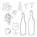 Set of corkscrew, bottle, wineglass, grapes, leaves and apple.