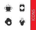 Set Corn, Bowl of hot soup, Scrambled egg and Soda can icon. Vector