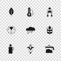 Set Corn, Wheat, Teapot, Cloud and lightning, Winter hat, Leaf, Thermometer and Chestnut icon. Vector