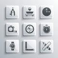 Set Corner ruler, Crossed and pencil, Stopwatch, Compass, Wrist, Roulette construction, Drawing compass and Radius icon Royalty Free Stock Photo