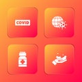 Set Corona virus covid-19, Earth globe with, Medicine bottle and pills and Washing hands soap icon. Vector