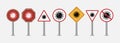 Set of corona-virus sign vector. Global quarantine illustration. Covid-19 symbol on road boards. Caution signs, virus icons