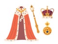Set For Coronation With Elegant Attributes Including A Golden Crown, A Royal Scepter, Orb And A Crimson Robe