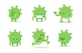 Set of coronavirus cartoon characters in different poses. Green viral microorganism. Quarantine situation, Covid-19