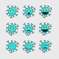 Set of coronavirus cartoon has sad expression angry happy scared, etc. Coronavirus cartoon bundle icon. Vector Illustration. Eps 1