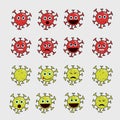 Set of coronavirus cartoon has sad expression angry happy scared, etc. Coronavirus cartoon bundle icon. Vector Illustration. Eps 1