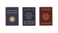 Set of Coronavirus Covid Vaccine Passport with Earth and Virus icon. Different colors Passports for travelling abroad Royalty Free Stock Photo
