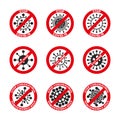 Set of coronavirus, ncov, covid - 19 logos. Warning signs. Virus cartoon icons with simple inscription and red stop