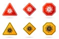 Set of Coronavirus road sign. Corona virus Bacteria Cell Icon, 2019-nCoV in caution traffic signs. Warning symbol of COVID-19,
