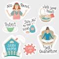 The set of coronavirus stickers. Self quarantine, stay home, no panic. Prevention Covid-19 Royalty Free Stock Photo