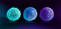 Set of corrupted spheres. Collection of globe grids with a broken structure. Kit of 3d objects consist of glowing neon