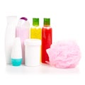 Set cosmetic bottle body scrub cream lotion gel shower loofah