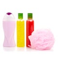 Set cosmetic bottle body scrub cream lotion gel shower loofah