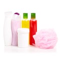 Set cosmetic bottle body scrub cream lotion gel shower loofah