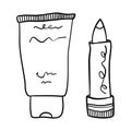 Set of cosmetic items in minimalist hand drawn outline style. Cream bottle of lotion and open lipstick silhouette Royalty Free Stock Photo