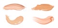 Set of cosmetic liquid foundation or caramel cream in different colour smudge smear strokes. Make up smears isolated on