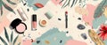 The set of cosmetic and makeup products includes cream tubes, lipstick, nail polish, mascara, eye shadows, brushes. The Royalty Free Stock Photo
